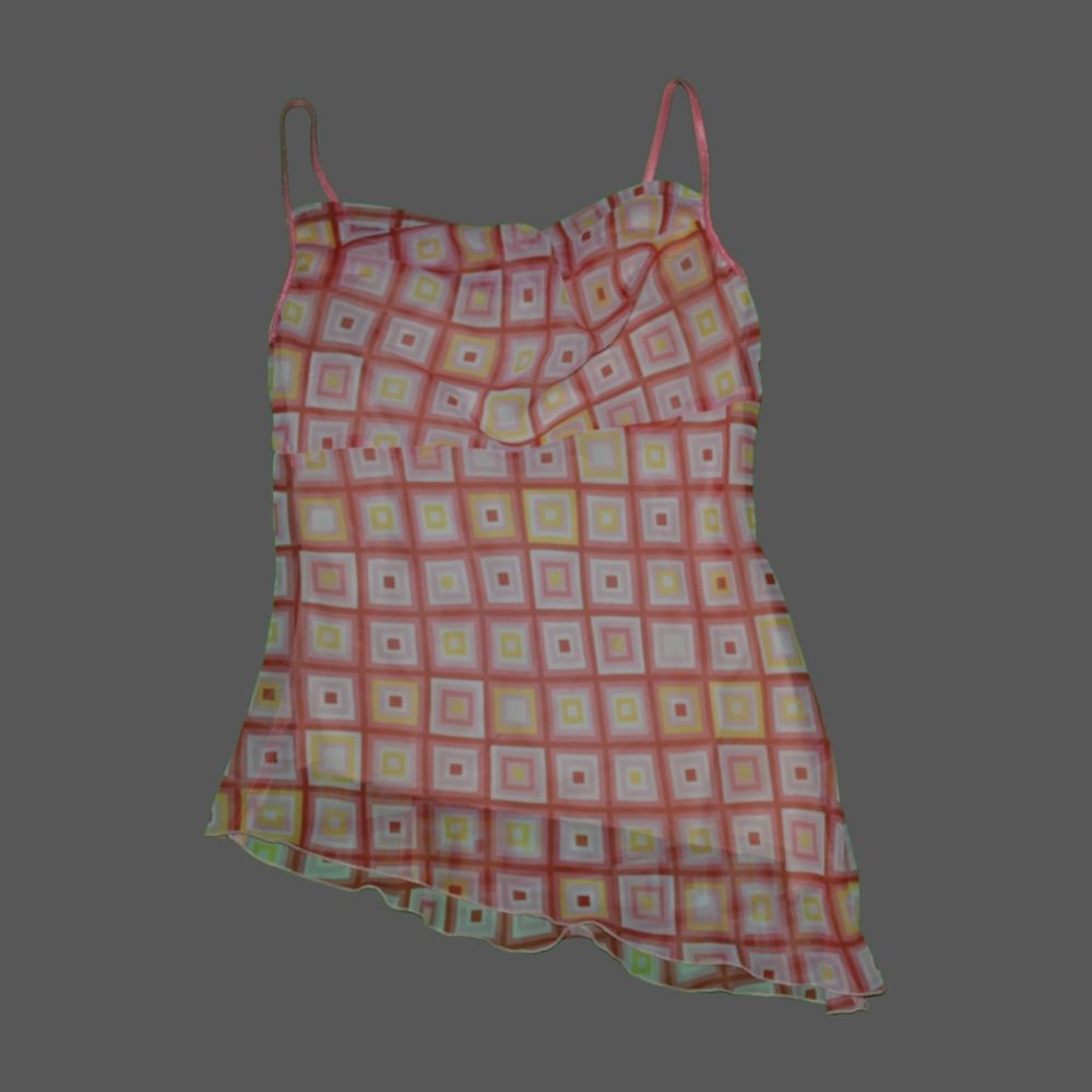 pink and yellow y2k cowl neck top. asymmetrical cut bottom.